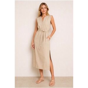 Mon Renn Beige Sleeveless Belted Midi Dress Utility Sand Size XS MRS124004